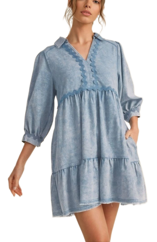 Light Blue Wave Knit Tiered Collared Pocket Mini Dress