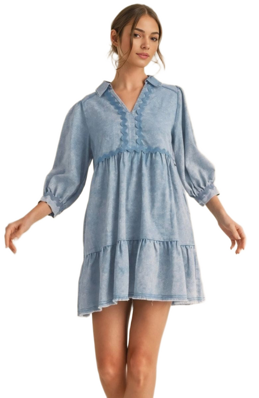 Light Blue Wave Knit Tiered Collared Pocket Mini Dress