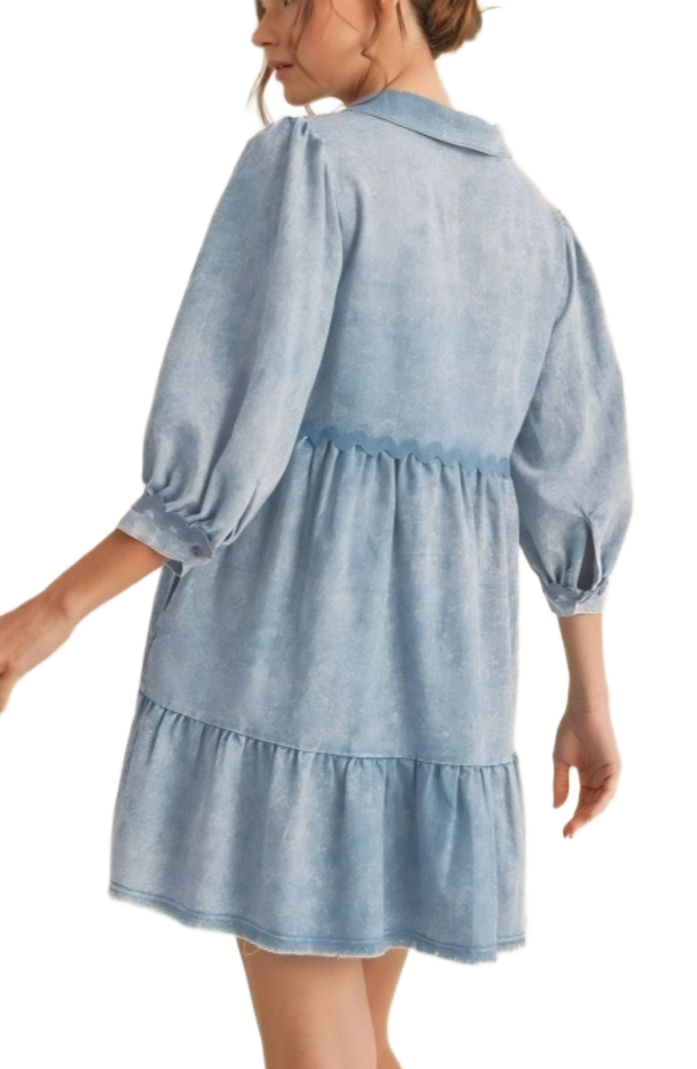 Light Blue Wave Knit Tiered Collared Pocket Mini Dress