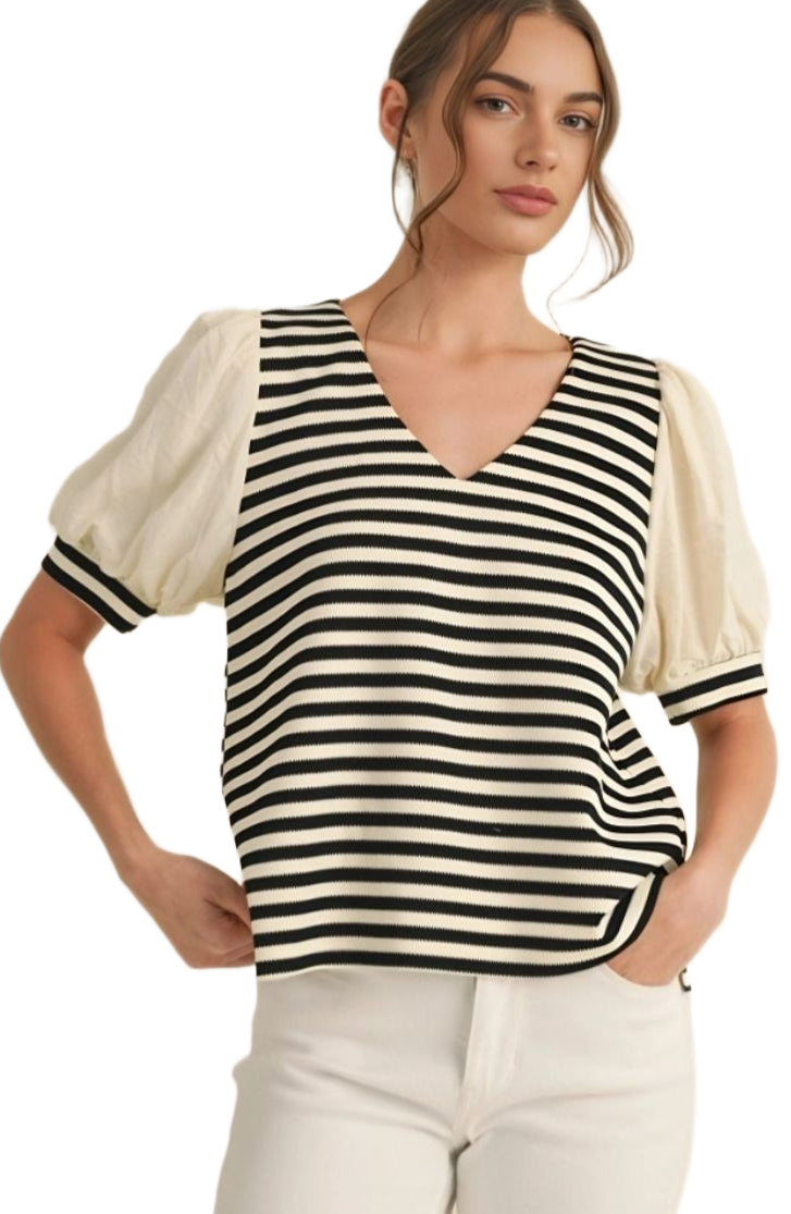 Black and White Puff Sleeve V-Neck Knit Top