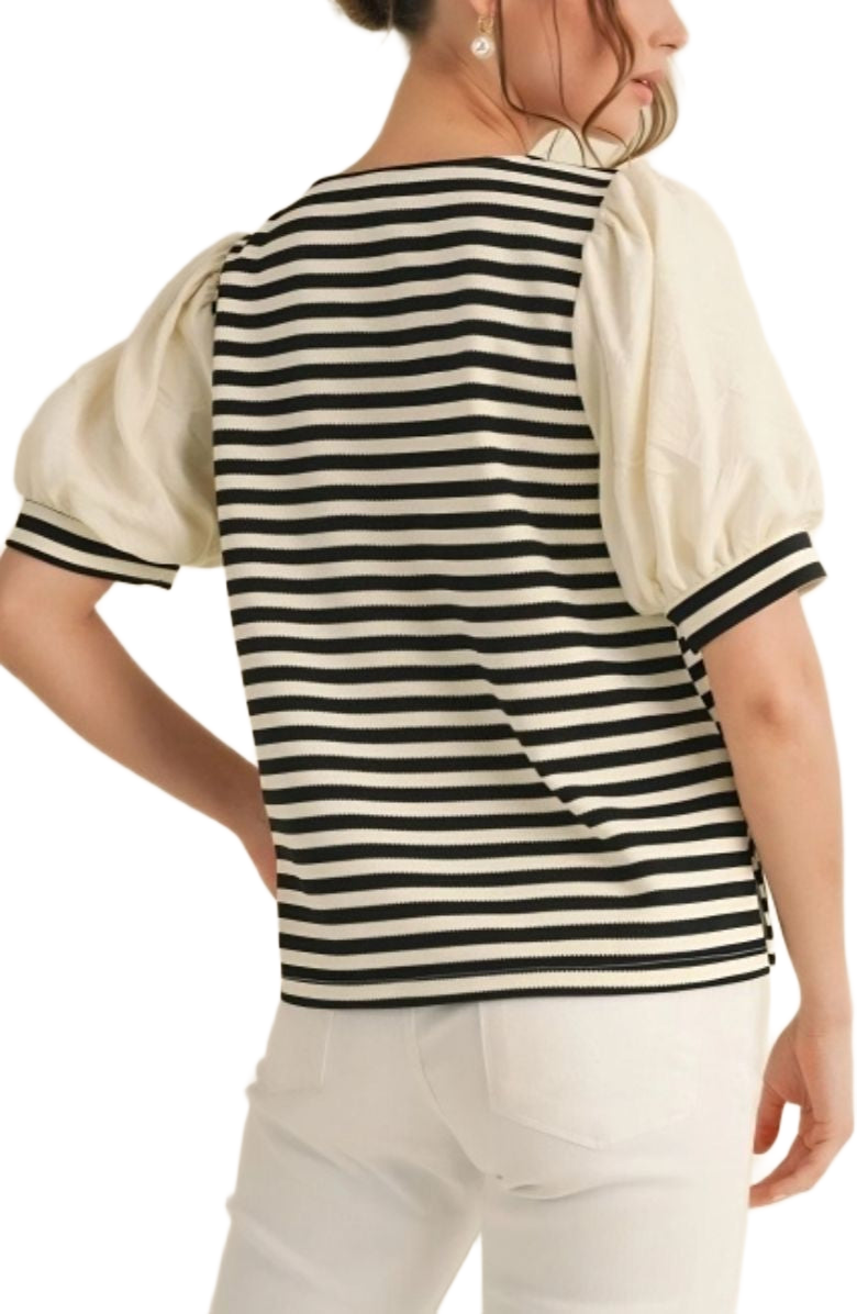 Black and White Puff Sleeve V-Neck Knit Top