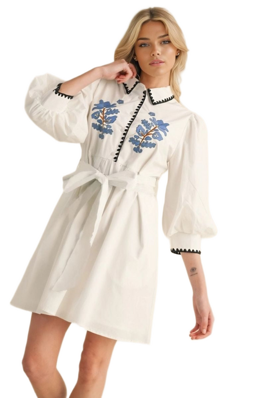 White Embroidered Black Trim Belted Tunic Dress