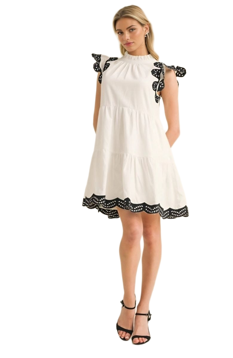 White Tiered Mini Dress with Black Print Scallop Trim