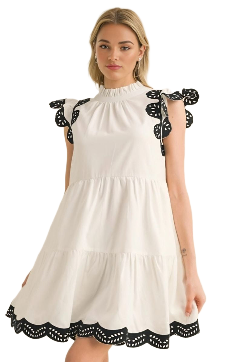 White Tiered Mini Dress with Black Print Scallop Trim