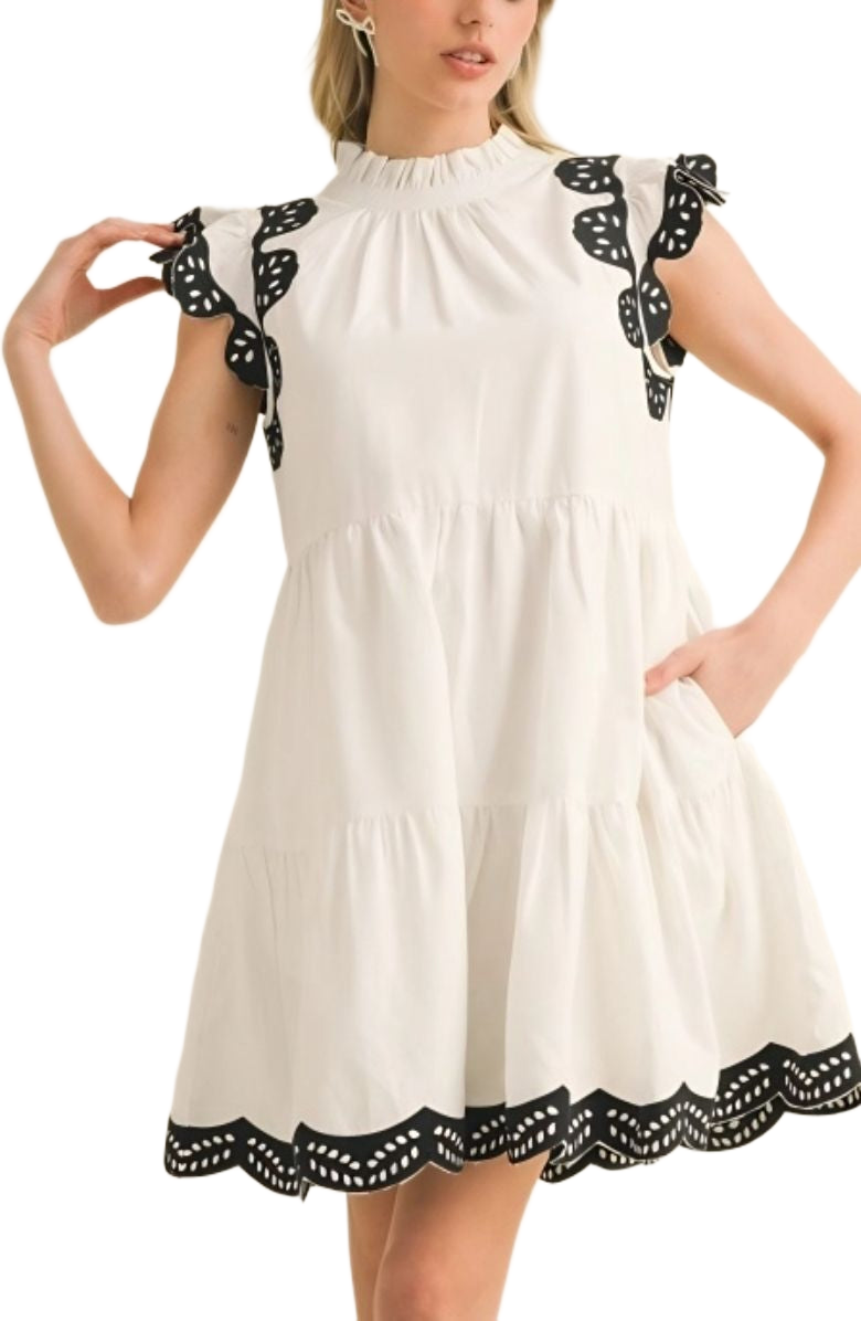 White Tiered Mini Dress with Black Print Scallop Trim