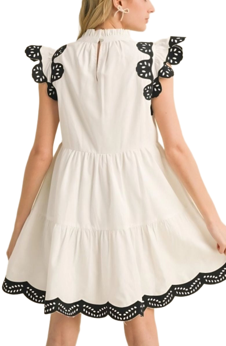 White Tiered Mini Dress with Black Print Scallop Trim