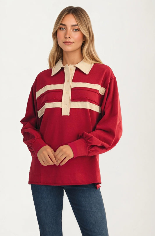 Contrast Trim Collared Pullover Top