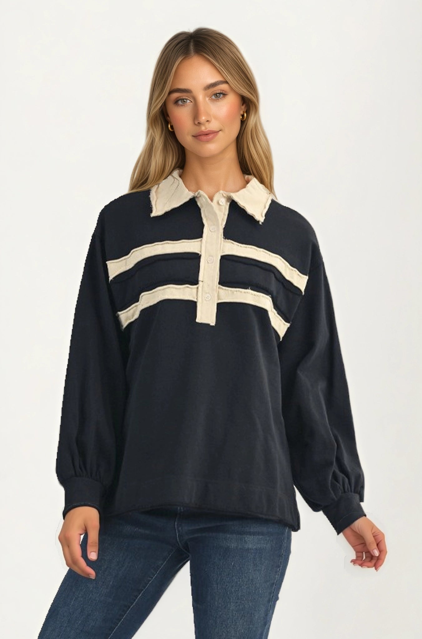 Contrast Trim Collared Pullover Top