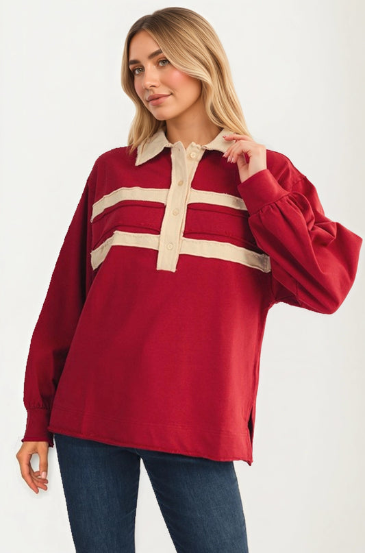 Contrast Trim Collared Pullover Top