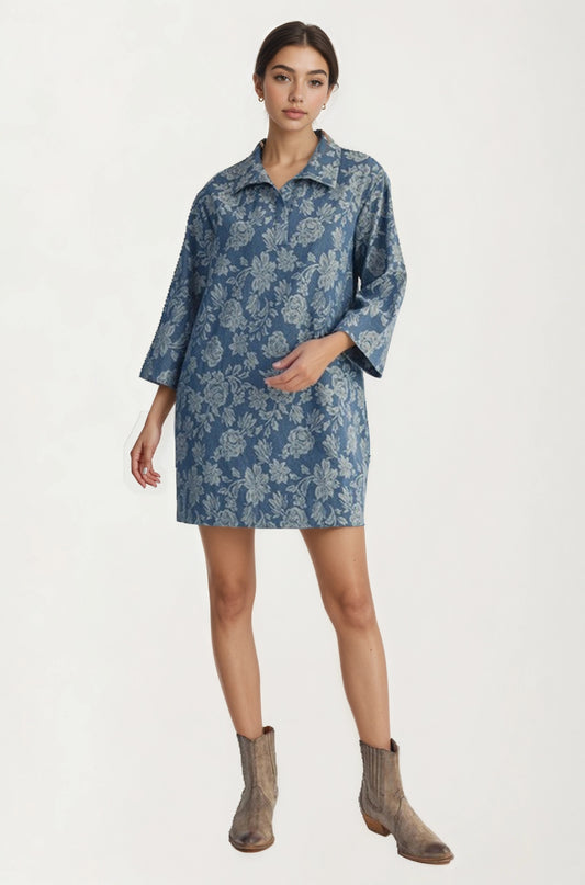Floral Denim Shift Dress with Relaxed Collar and Sleeves