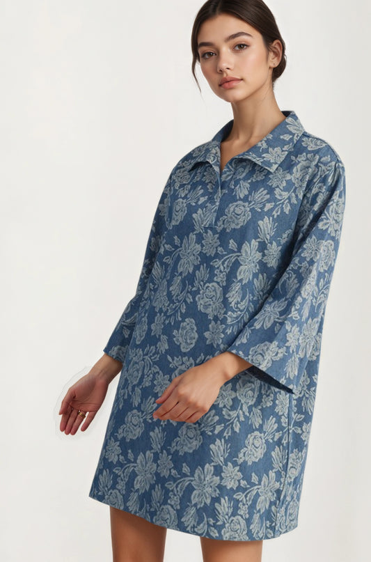 Floral Denim Shift Dress with Relaxed Collar and Sleeves