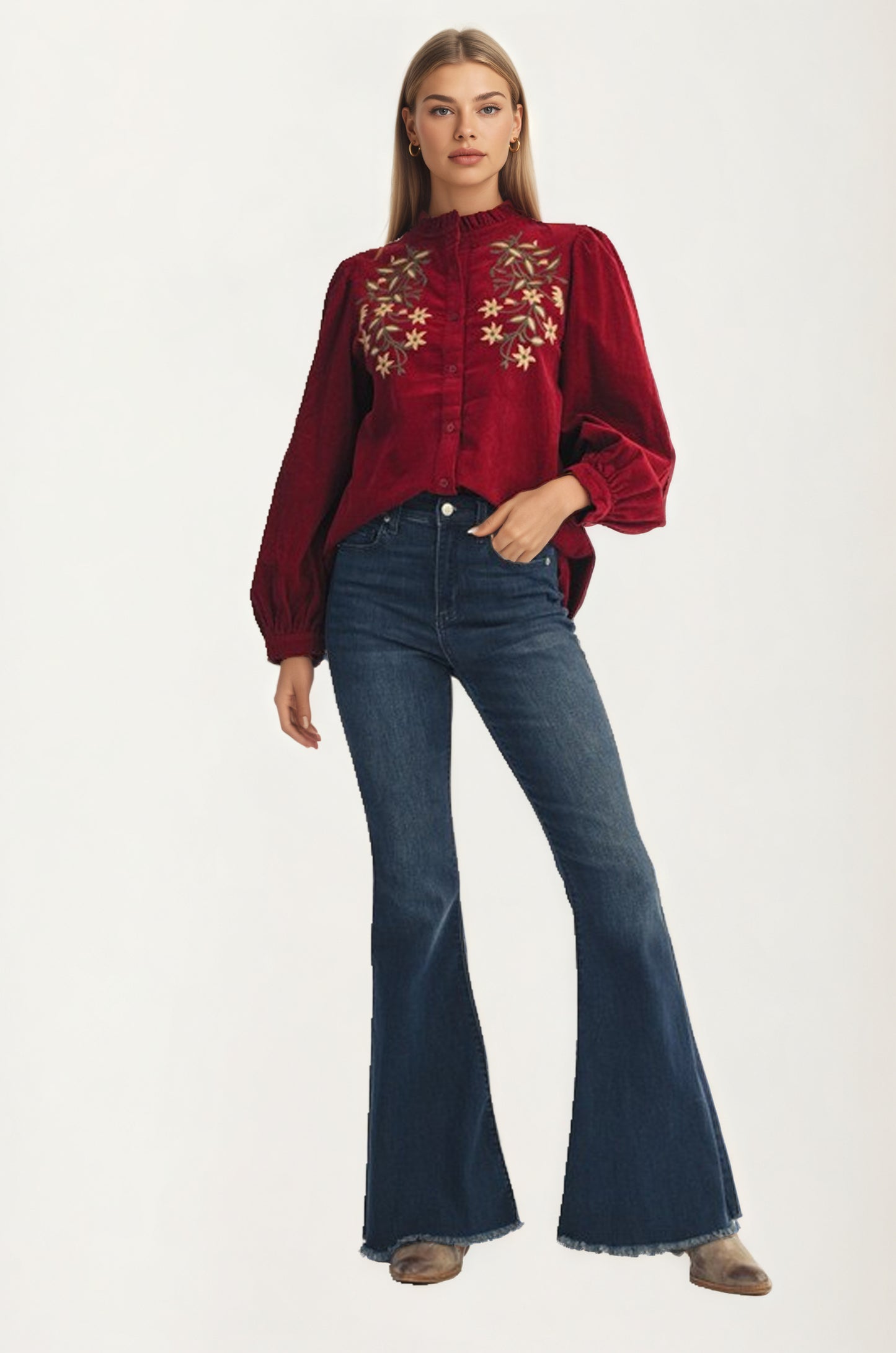 Button Front Blouse with Embroidered Floral Detail and Long Sleeves