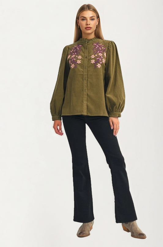 Button Front Blouse with Embroidered Floral Detail and Long Sleeves