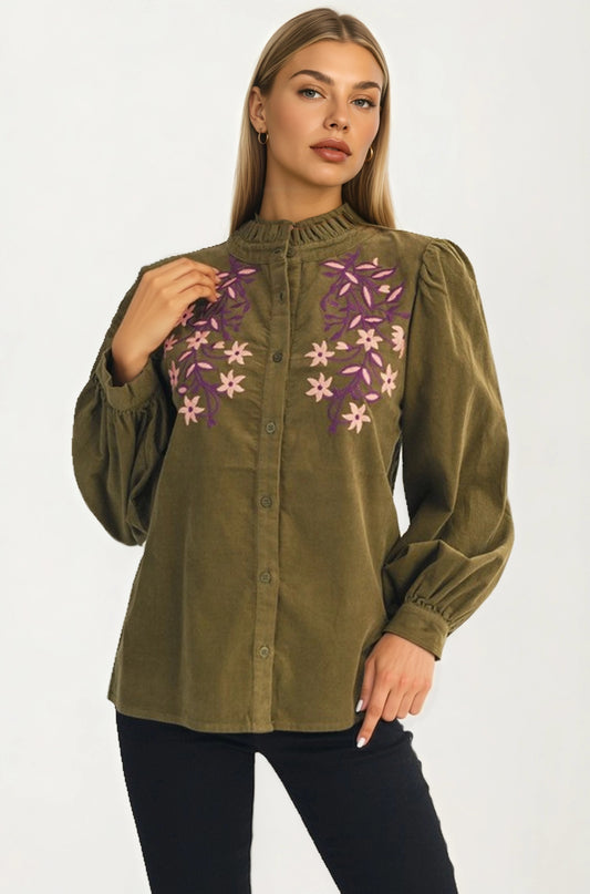 Button Front Blouse with Embroidered Floral Detail and Long Sleeves