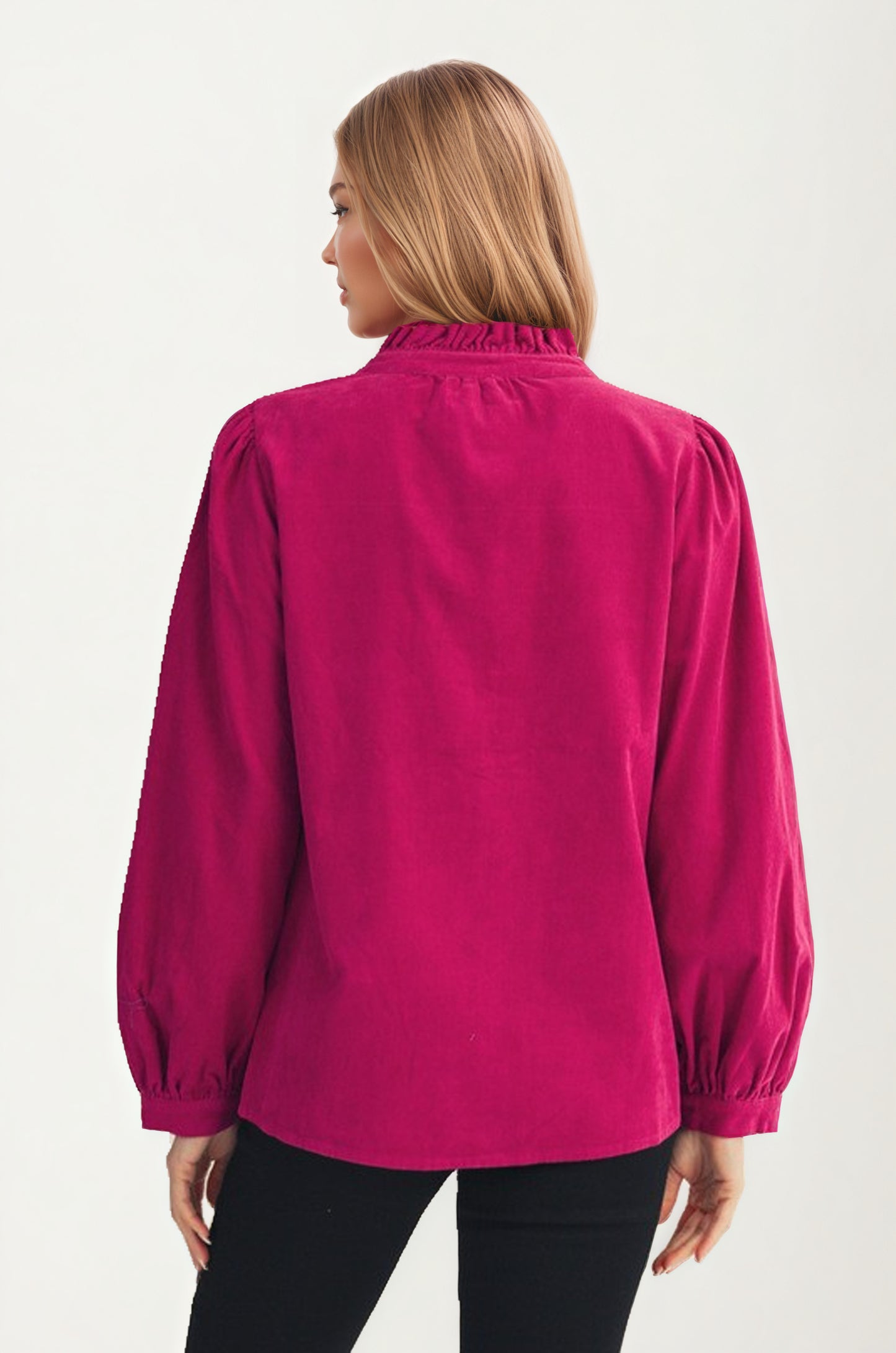 Button Front Blouse with Embroidered Floral Detail and Long Sleeves