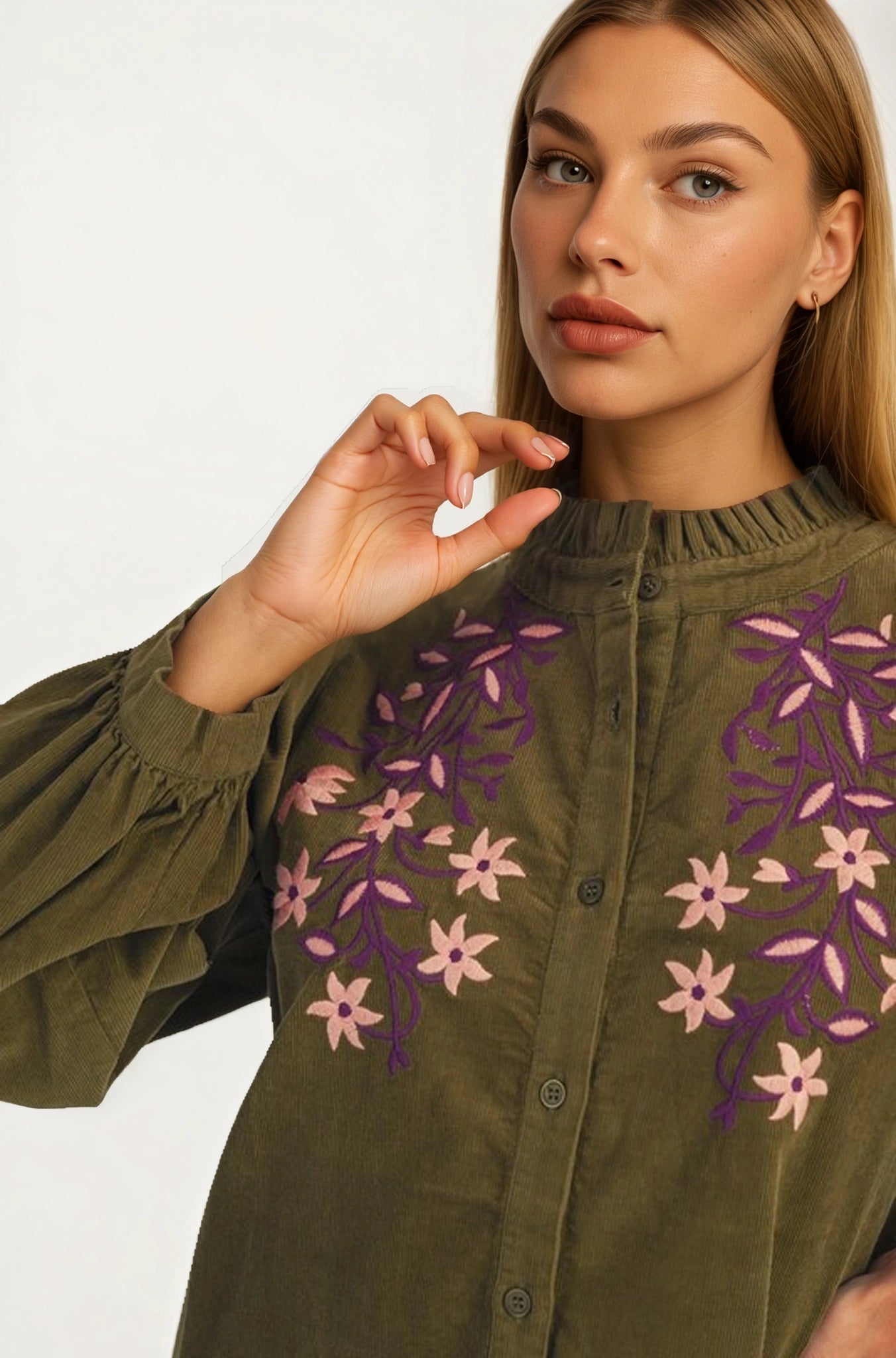 Button Front Blouse with Embroidered Floral Detail and Long Sleeves