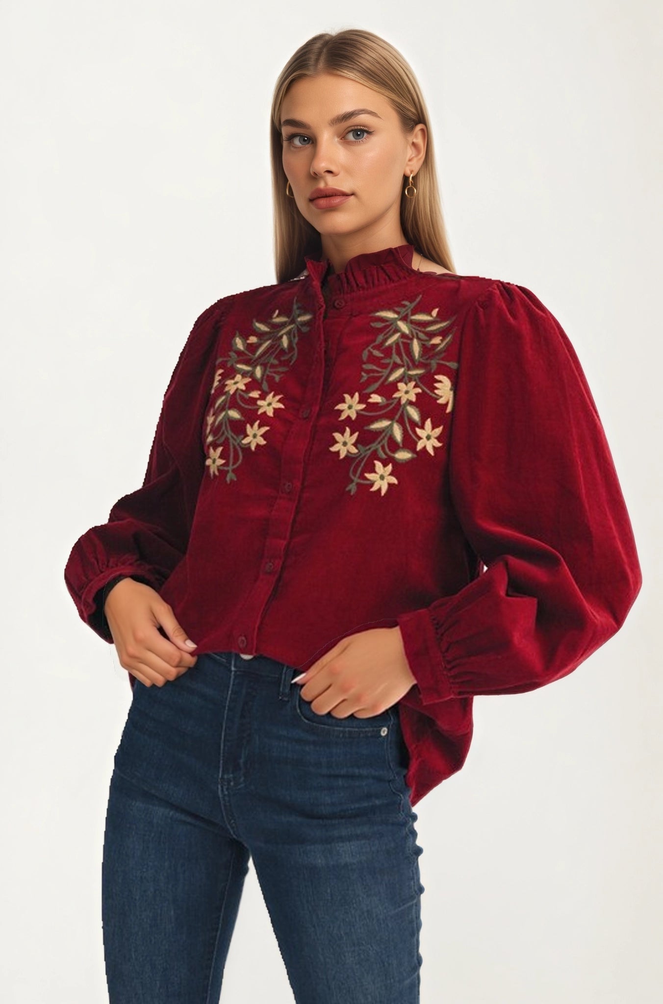 Button Front Blouse with Embroidered Floral Detail and Long Sleeves