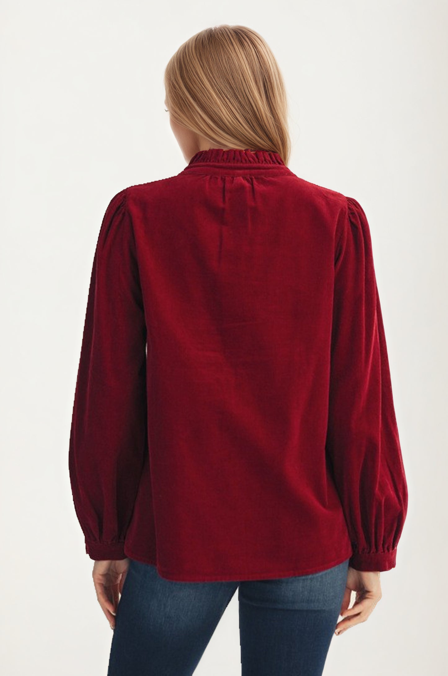 Button Front Blouse with Embroidered Floral Detail and Long Sleeves