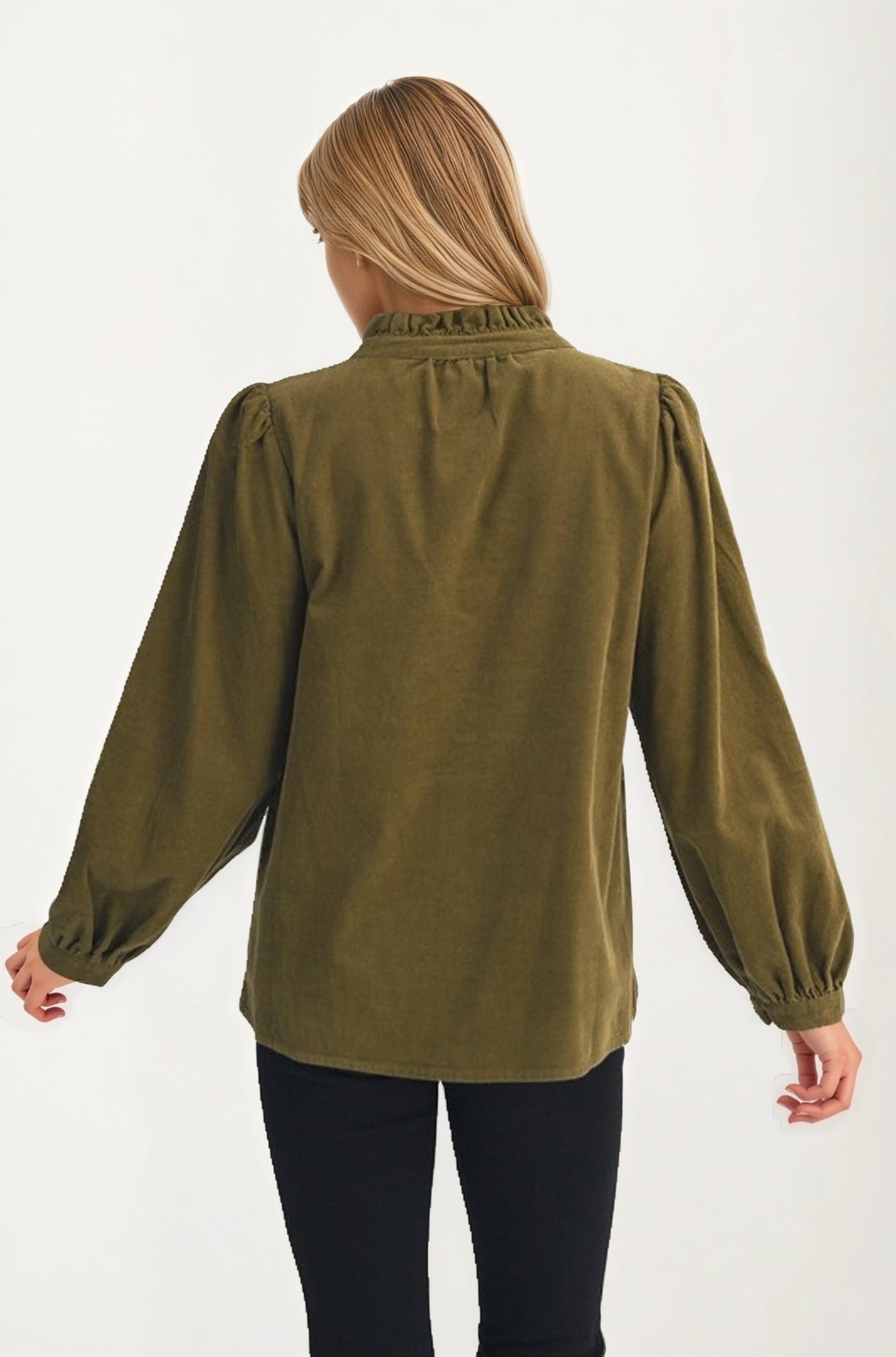 Button Front Blouse with Embroidered Floral Detail and Long Sleeves