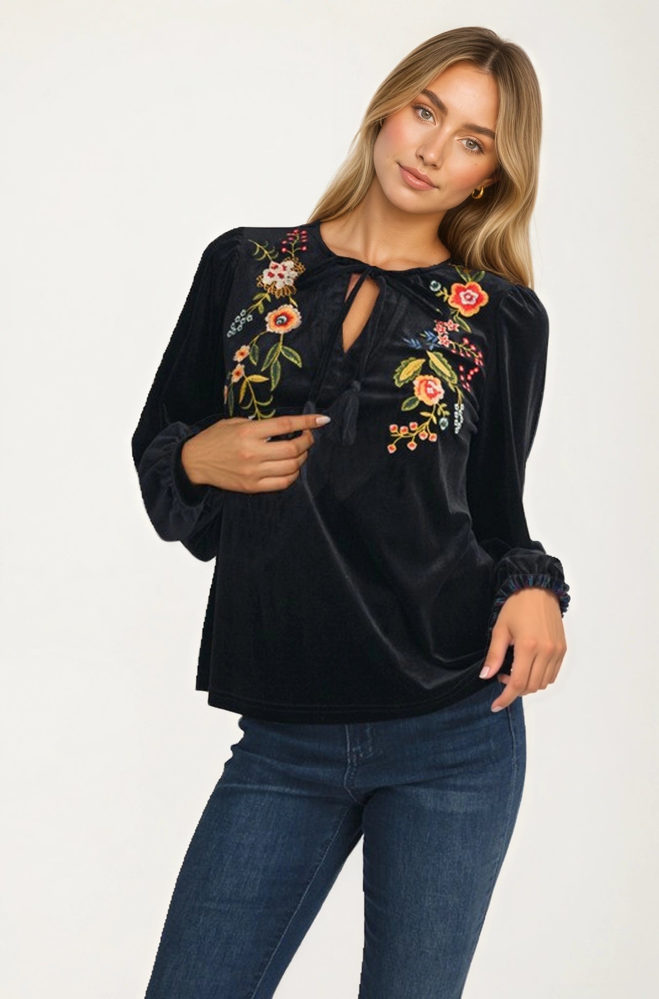 Embroidered Velvet Blouse with Tie Neck and Long Sleeves