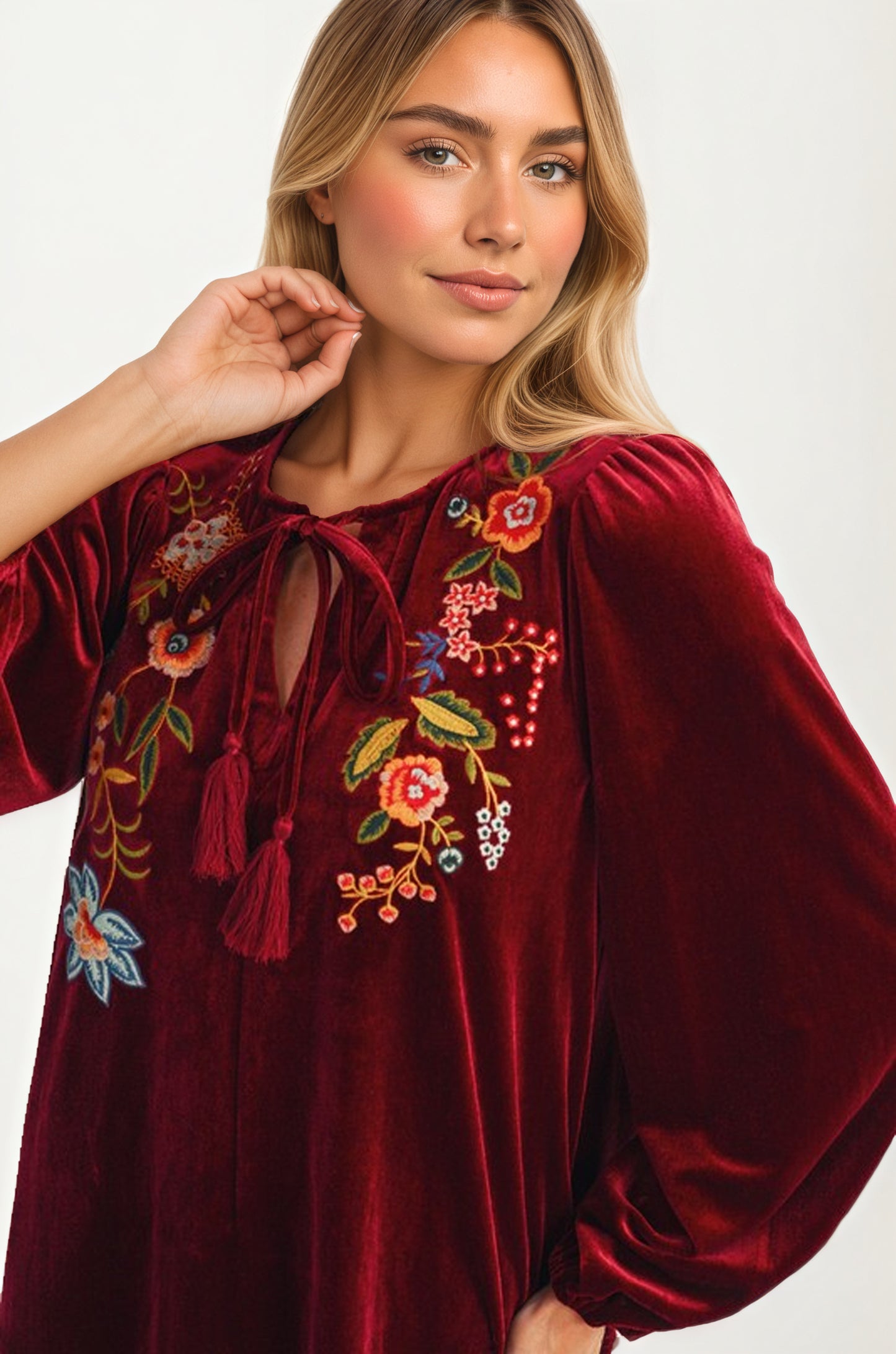 Embroidered Velvet Blouse with Tie Neck and Long Sleeves