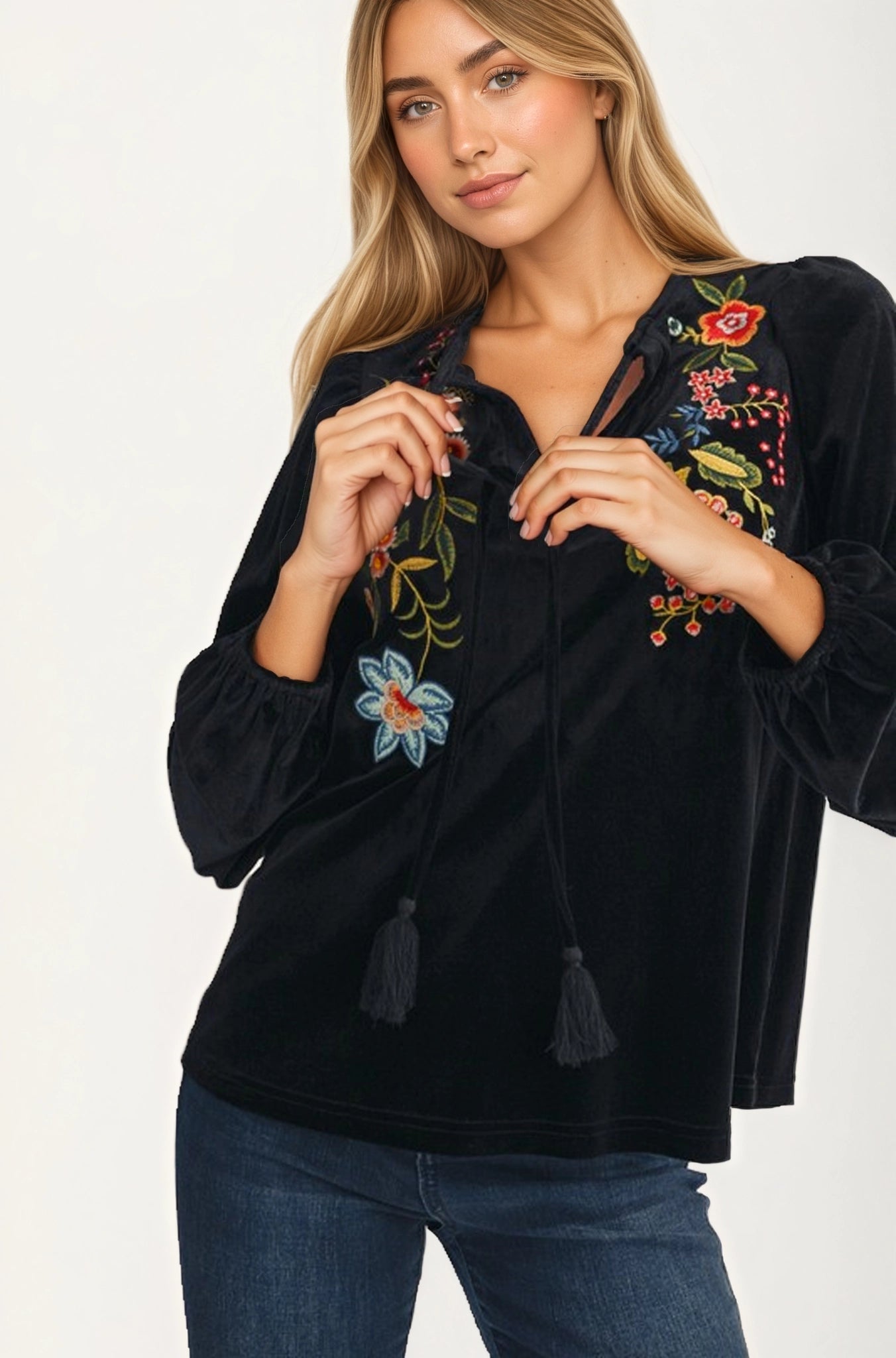 Embroidered Velvet Blouse with Tie Neck and Long Sleeves