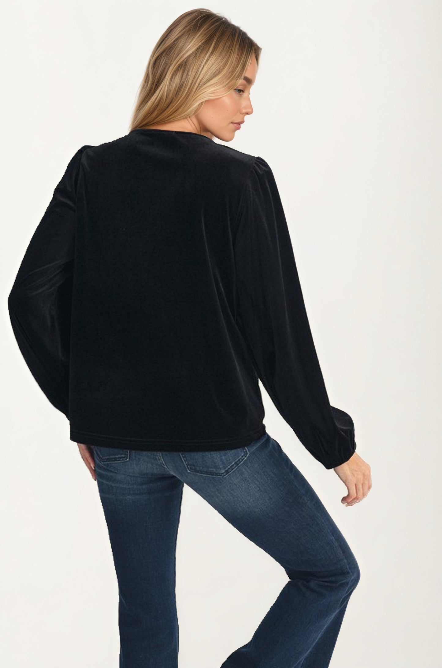 Embroidered Velvet Blouse with Tie Neck and Long Sleeves