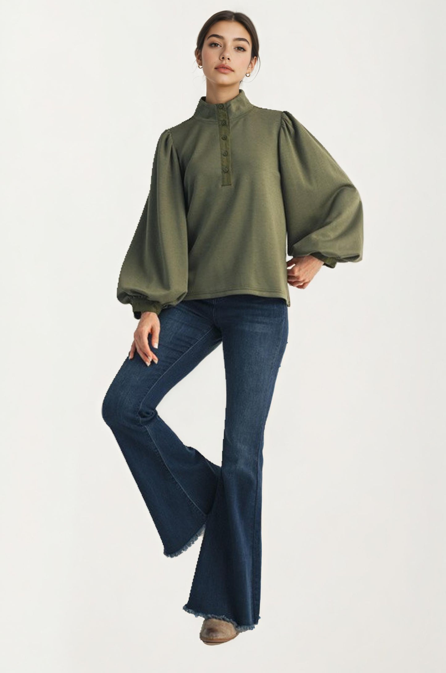 Olive Green Balloon Sleeve Blouse with Button Neckline