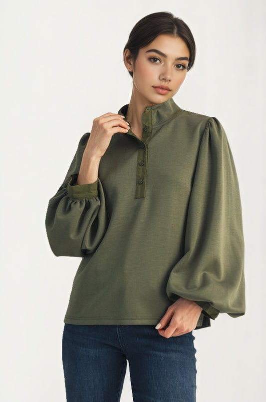 Olive Green Balloon Sleeve Blouse with Button Neckline