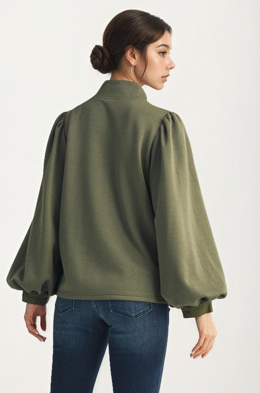 Olive Green Balloon Sleeve Blouse with Button Neckline
