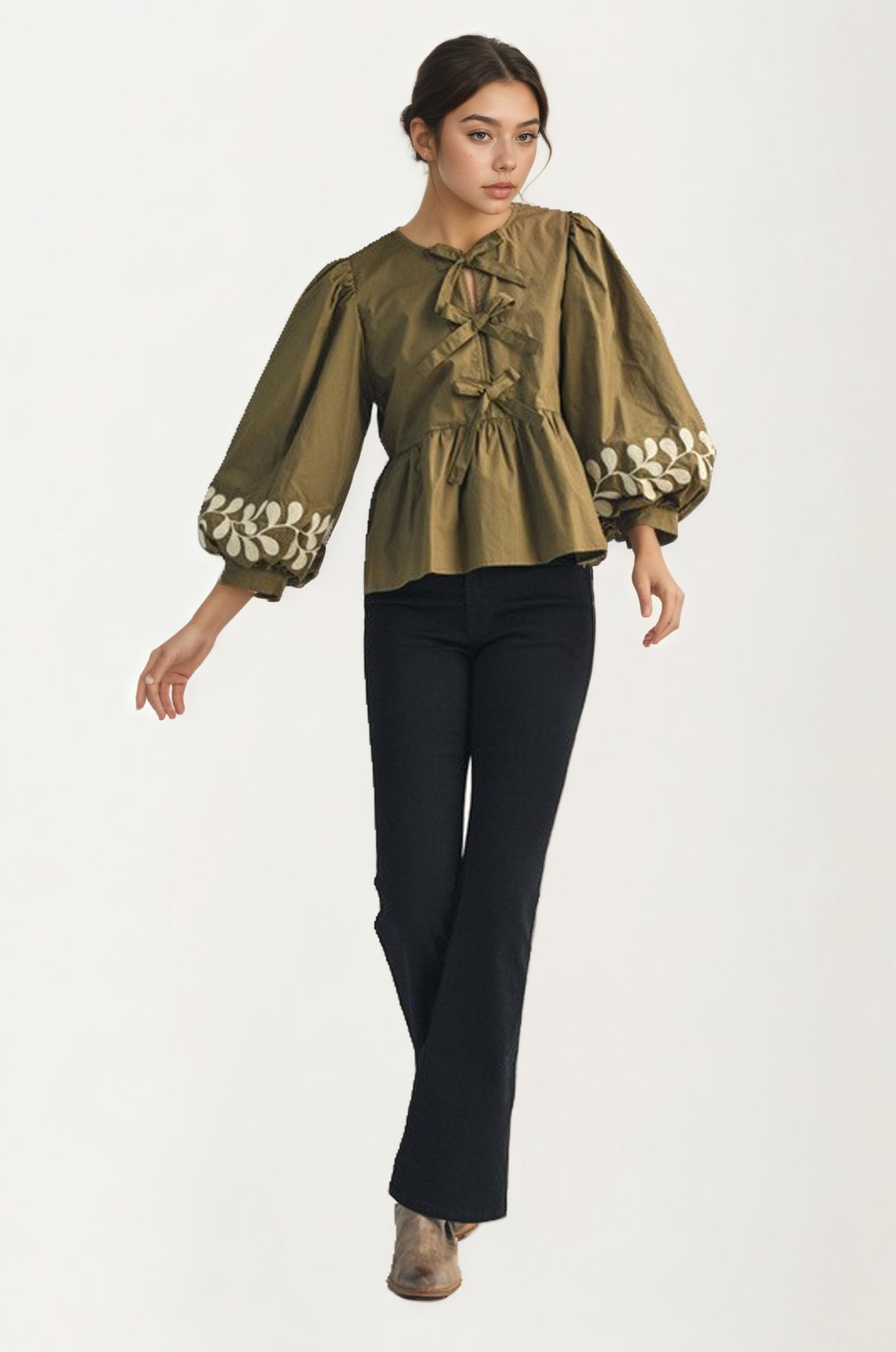 Olive Green Bow Front Blouse with Embroidered Balloon Sleeves