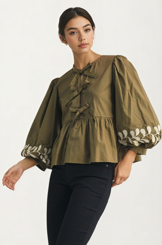Olive Green Bow Front Blouse with Embroidered Balloon Sleeves