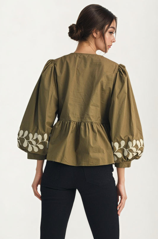 Olive Green Bow Front Blouse with Embroidered Balloon Sleeves