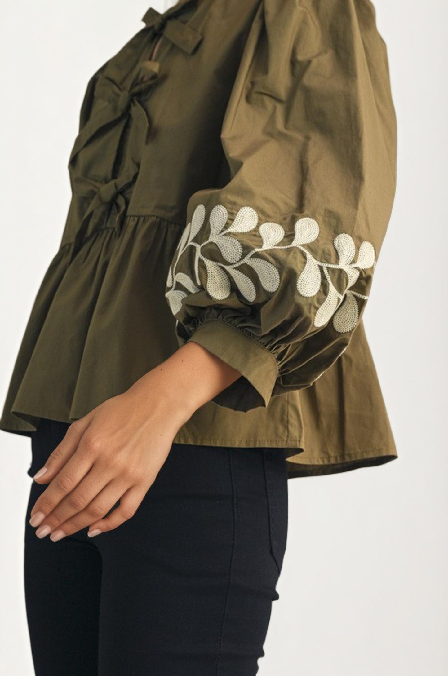 Olive Green Bow Front Blouse with Embroidered Balloon Sleeves