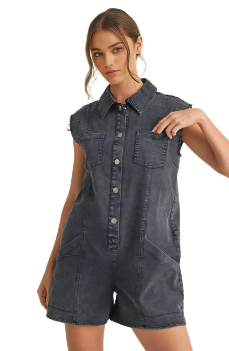 Sleeveless Dark Wash Denim Romper Pocket Detail with Snap Buttons