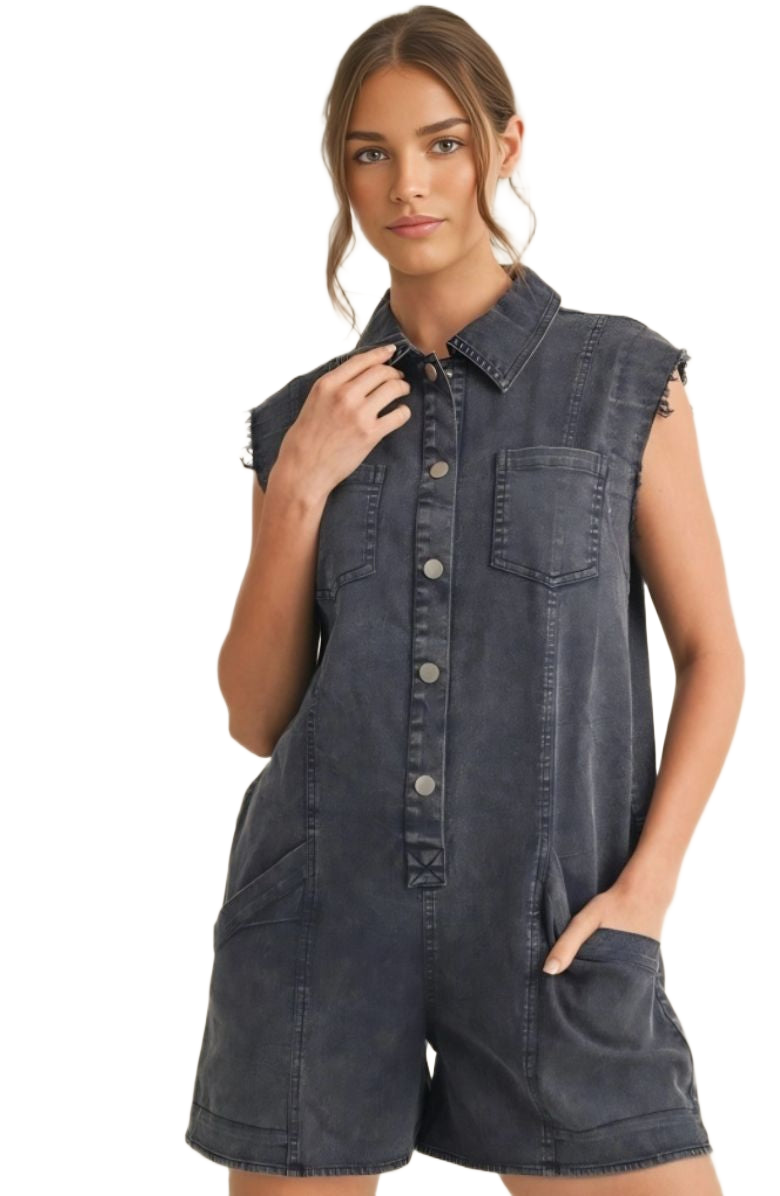 Sleeveless Dark Wash Denim Romper Pocket Detail with Snap Buttons