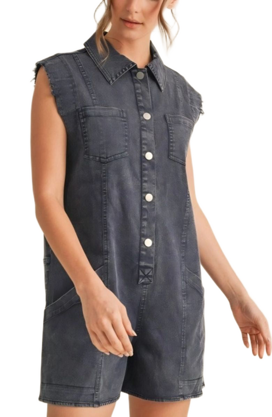 Sleeveless Dark Wash Denim Romper Pocket Detail with Snap Buttons