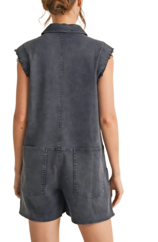 Sleeveless Dark Wash Denim Romper Pocket Detail with Snap Buttons