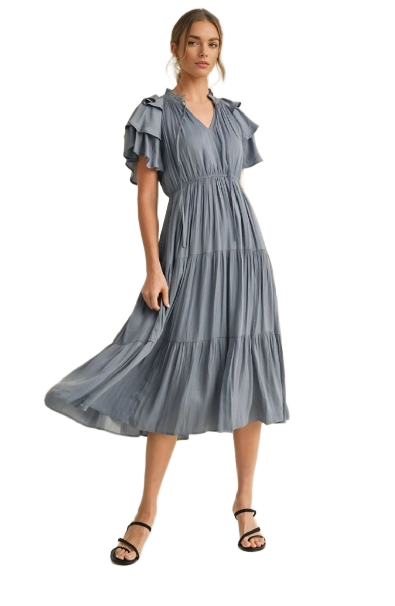Blue Tiered Tie Neck Detail Midi Dress with Ruffle Sleeves