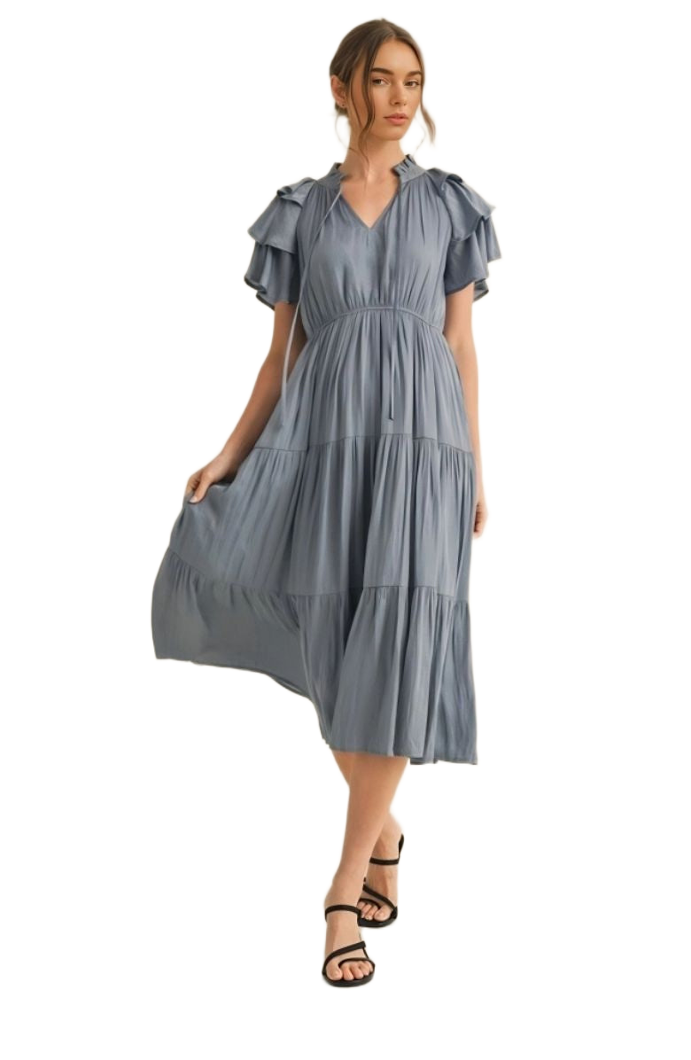 Blue Tiered Tie Neck Detail Midi Dress with Ruffle Sleeves