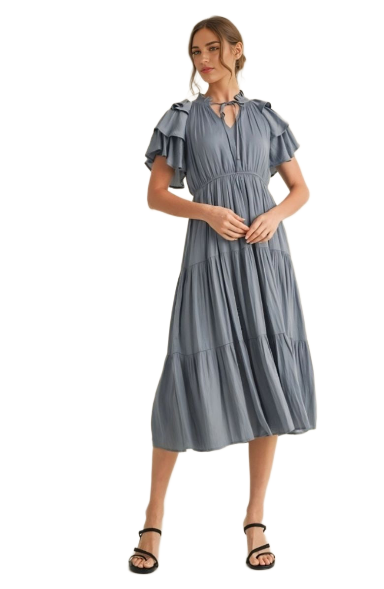 Blue Tiered Tie Neck Detail Midi Dress with Ruffle Sleeves