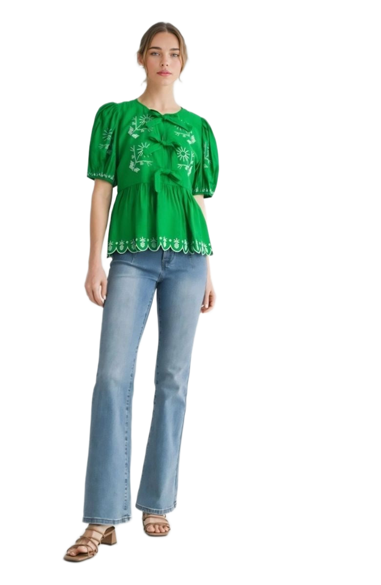 Green Embroidered Puff Sleeve Bow Detail Blouse