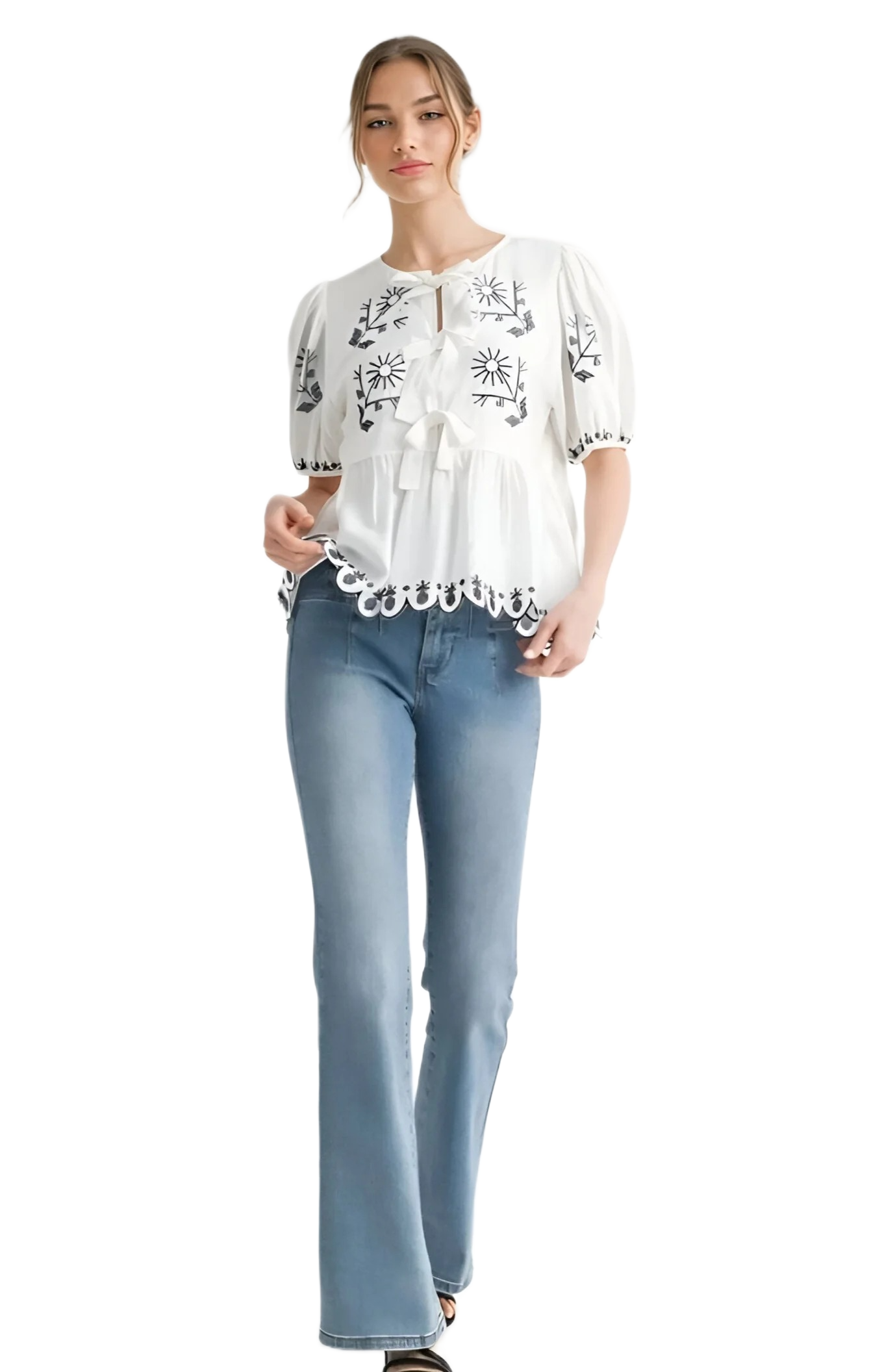 White Embroidered Puff Sleeve Bow Blouse