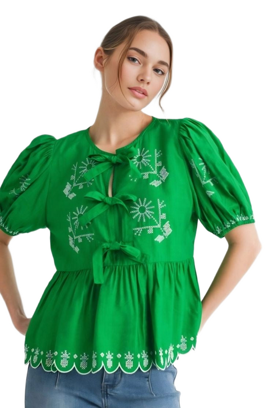 Green Embroidered Puff Sleeve Bow Detail Blouse
