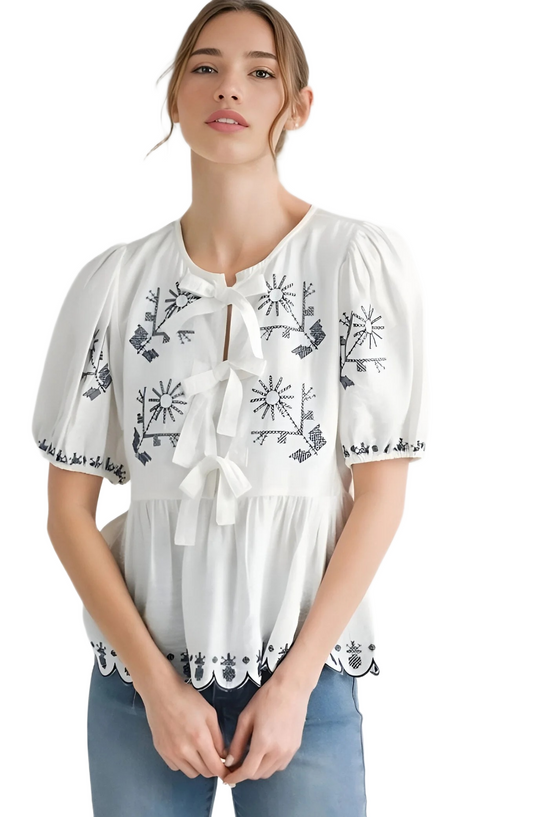 White Embroidered Puff Sleeve Bow Blouse