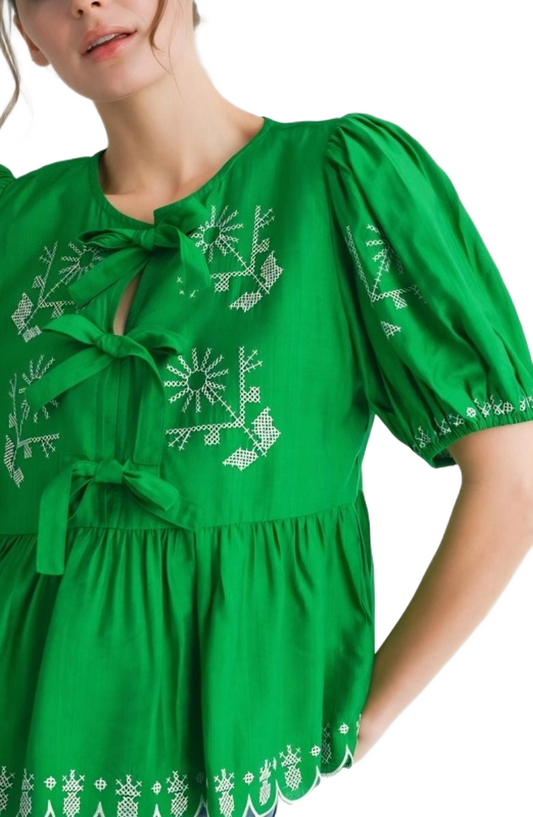 Green Embroidered Puff Sleeve Bow Detail Blouse
