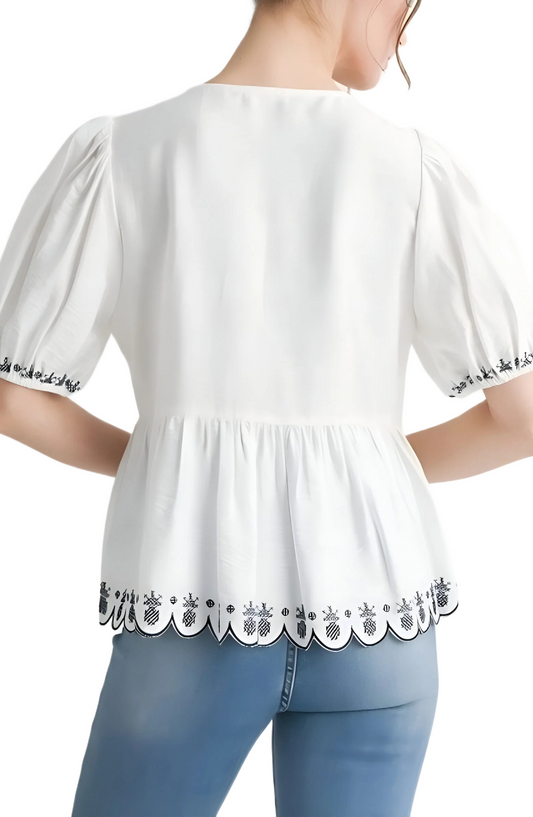 White Embroidered Puff Sleeve Bow Blouse