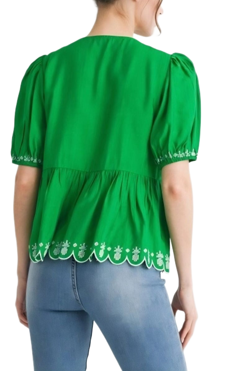 Green Embroidered Puff Sleeve Bow Detail Blouse