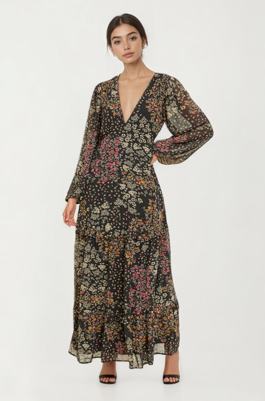 Floral Print Long Sleeve Maxi Dress with Deep V-Neckline