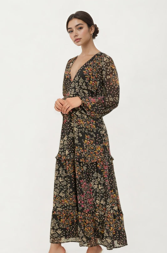 Floral Print Long Sleeve Maxi Dress with Deep V-Neckline